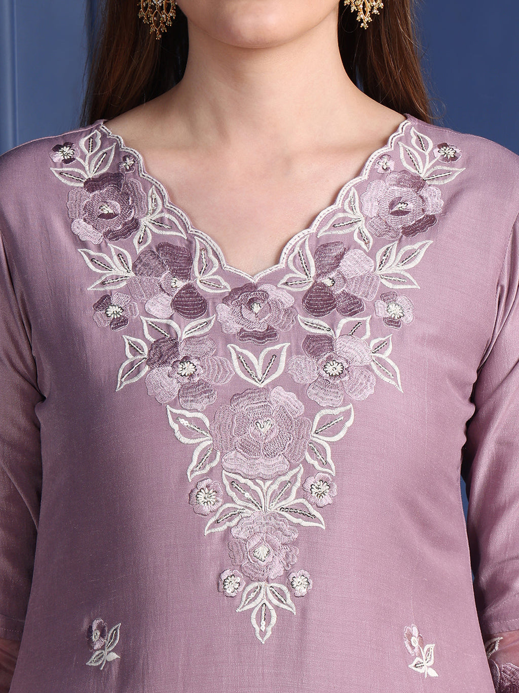 Lavender Embroidered Silk-Blend Kurta Set with Organza Dupatta