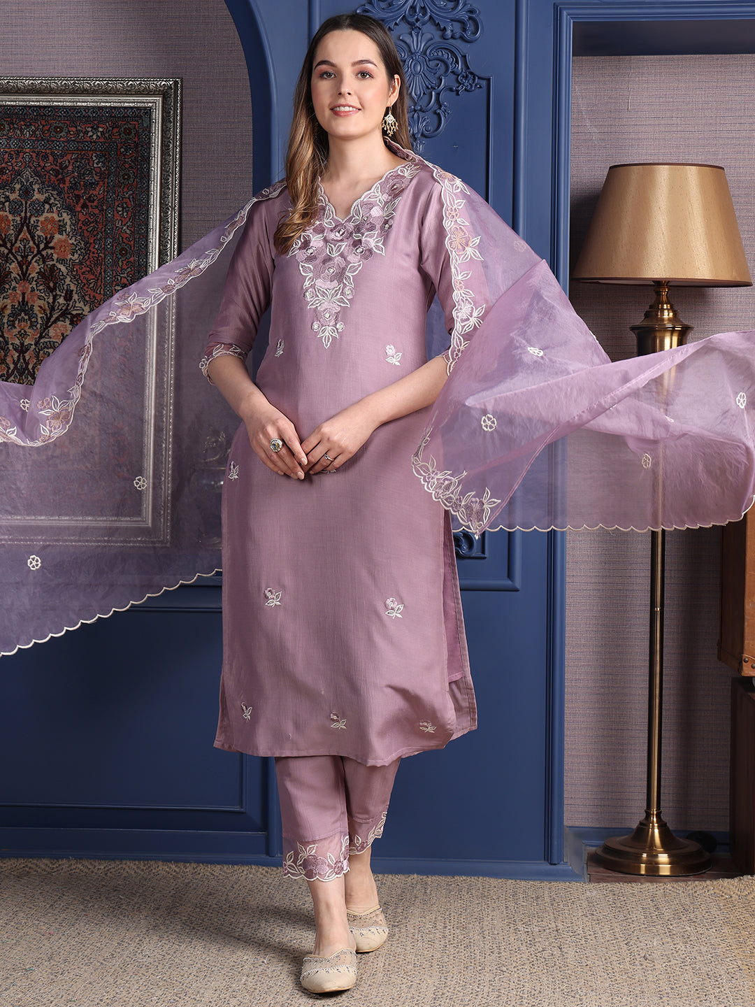 Lavender Embroidered Silk-Blend Kurta Set with Organza Dupatta