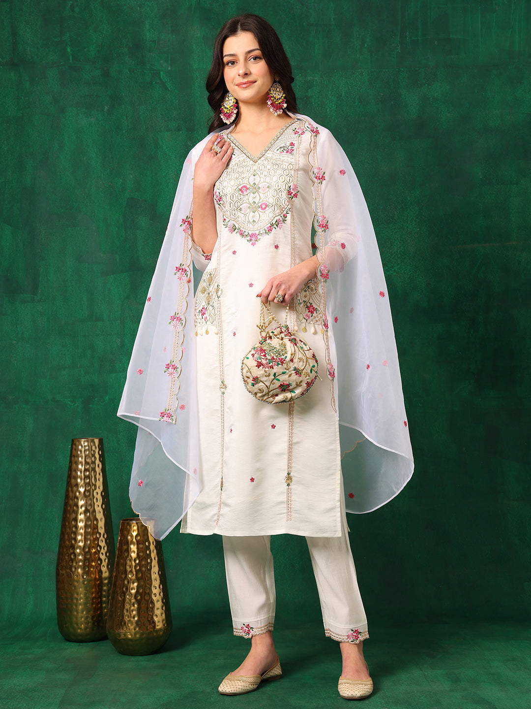 Embroidered Chanderi Kurta Set with Organza Dupatta - White