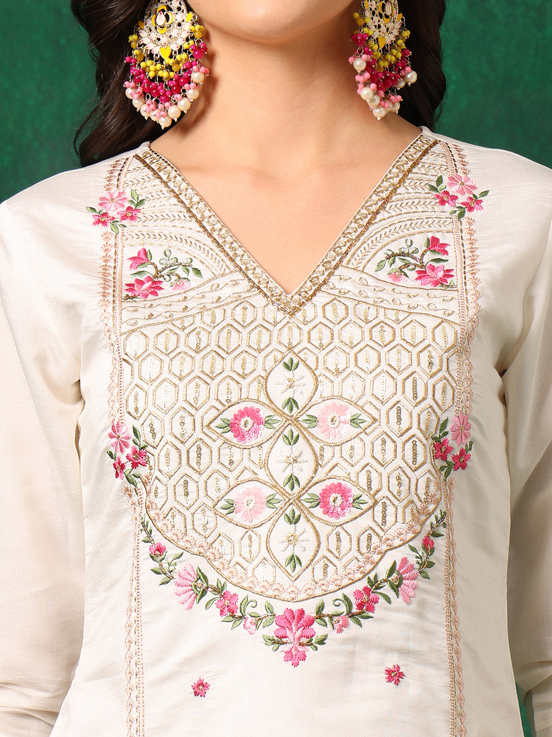 Embroidered Chanderi Kurta Set with Organza Dupatta - White