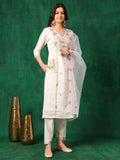 Elegant white Chanderi kurta set featuring intricate embroidery and a matching organza dupatta