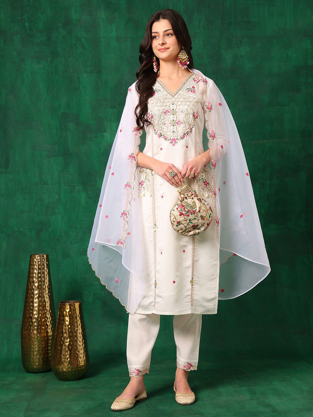 Embroidered Chanderi Kurta Set with Organza Dupatta - White