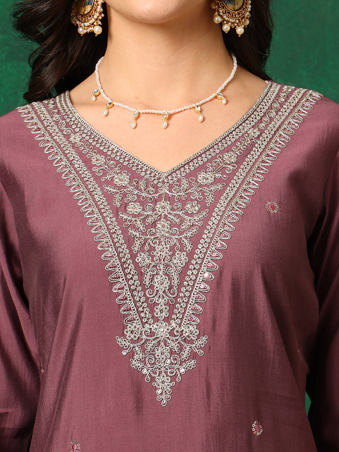 Mauve Chanderi Sequined Embroidered Kurta Set with Printed Dupatta