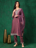 Mauve Chanderi kurta featuring sequined embroidery with matching pants and printed dupatta.