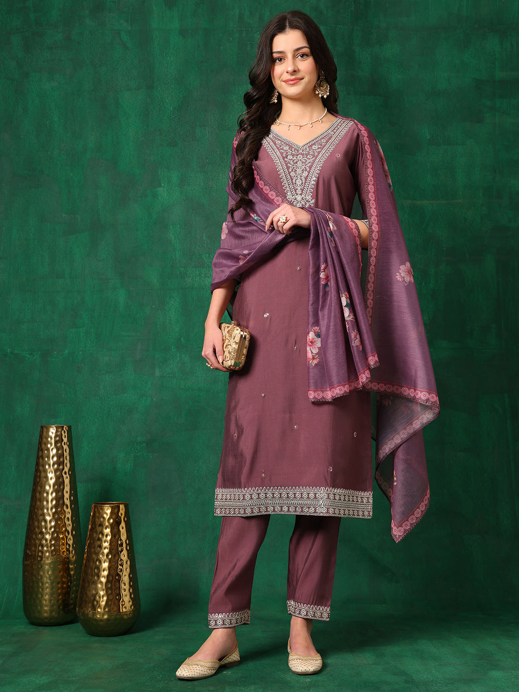 Mauve Chanderi Sequined Embroidered Kurta Set with Printed Dupatta
