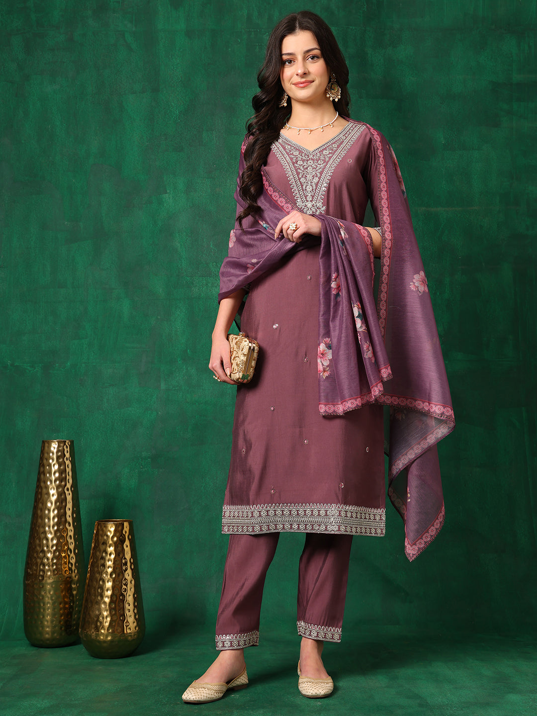 Mauve Chanderi Sequined Embroidered Kurta Set with Printed Dupatta