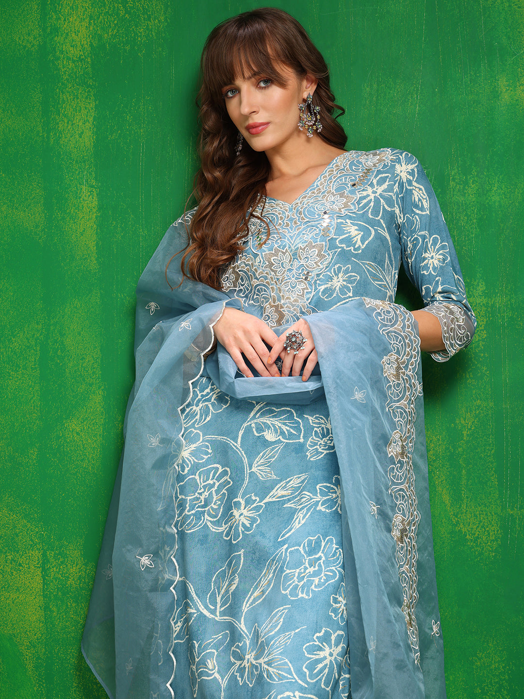Aqua-Blue Embroidered & Floral Palazzo Kurta Set