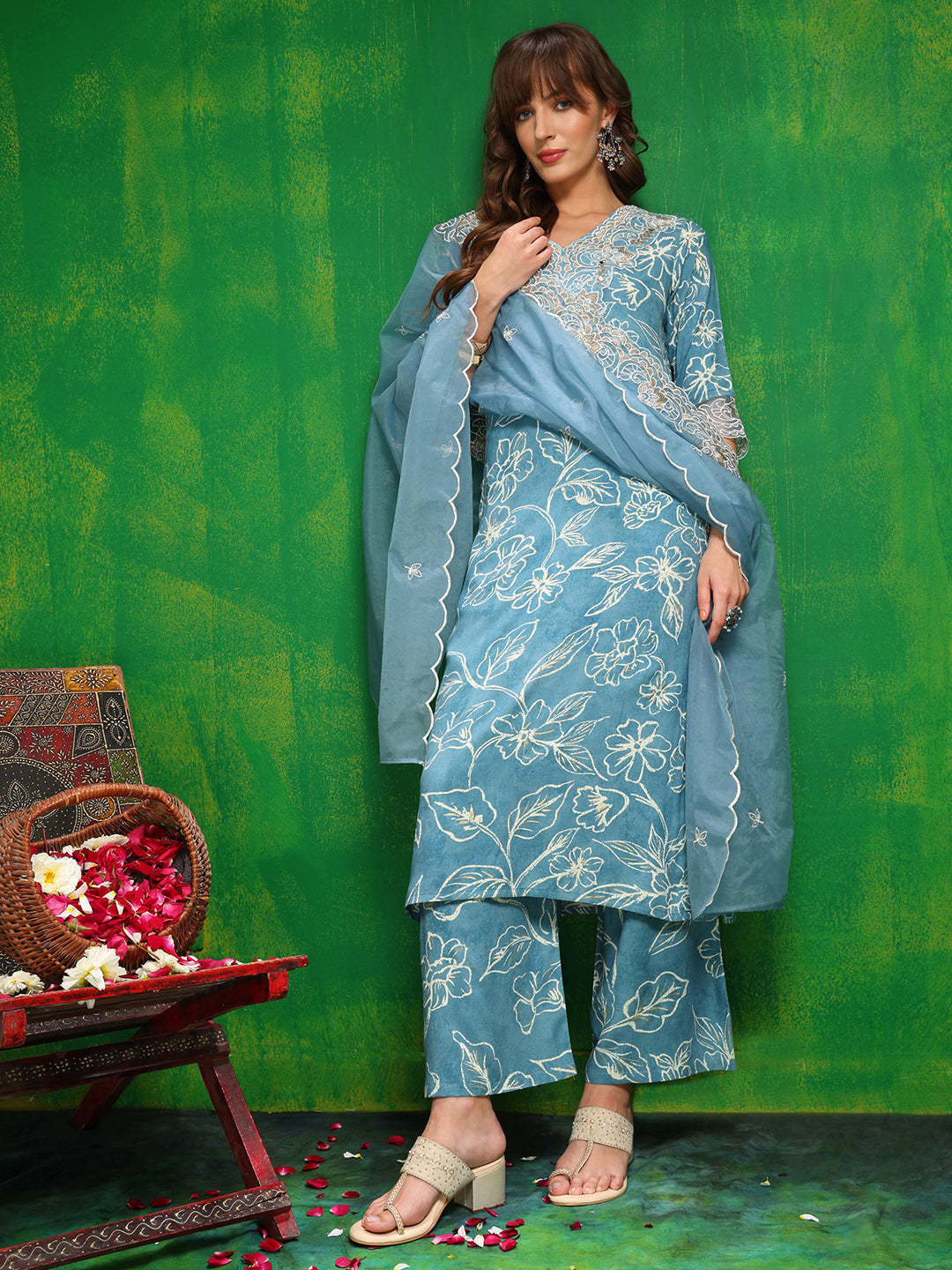 Aqua-Blue Embroidered & Floral Palazzo Kurta Set