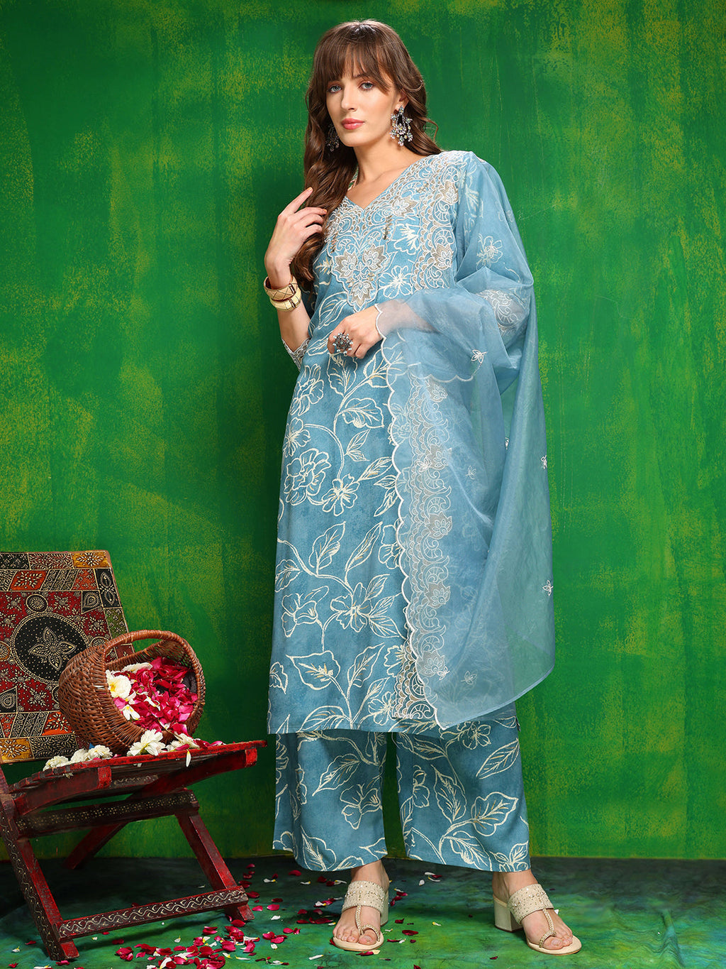 Aqua-Blue embroidered floral kurta with palazzo and dupatta