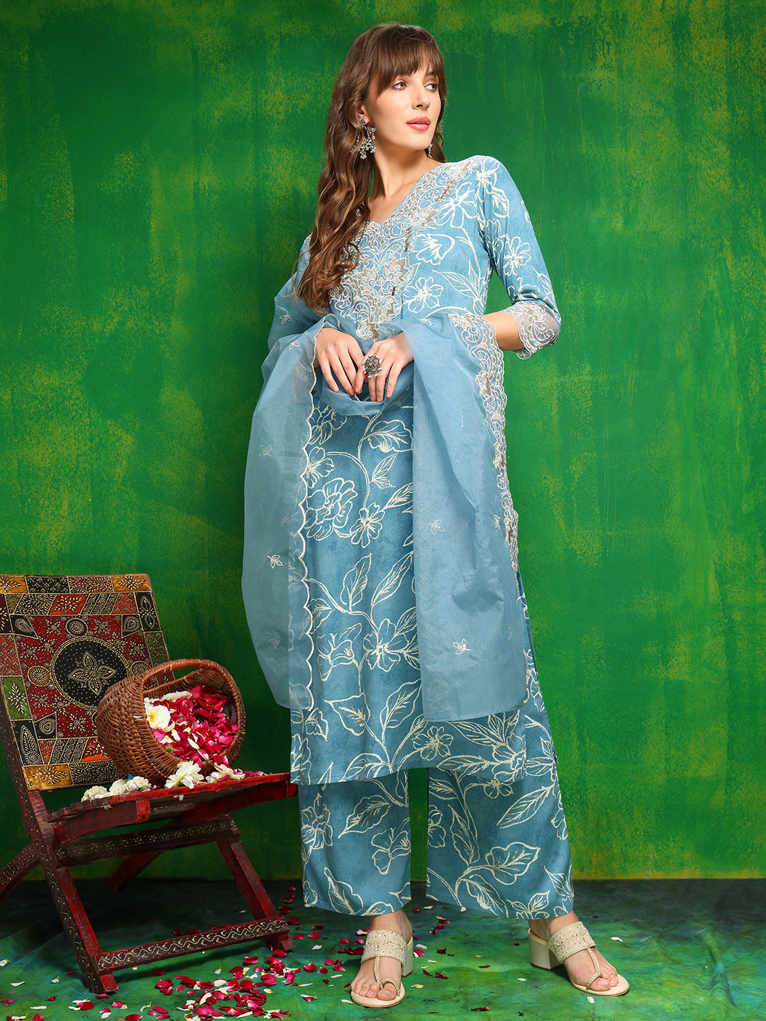 Aqua-Blue Embroidered & Floral Palazzo Kurta Set