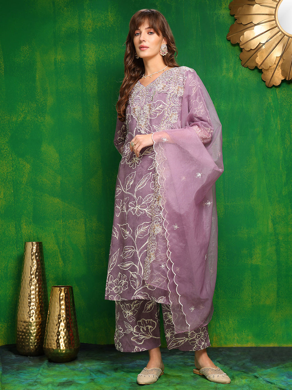 Lavender floral printed kurta with matching palazzo pants and embroidered dupatta