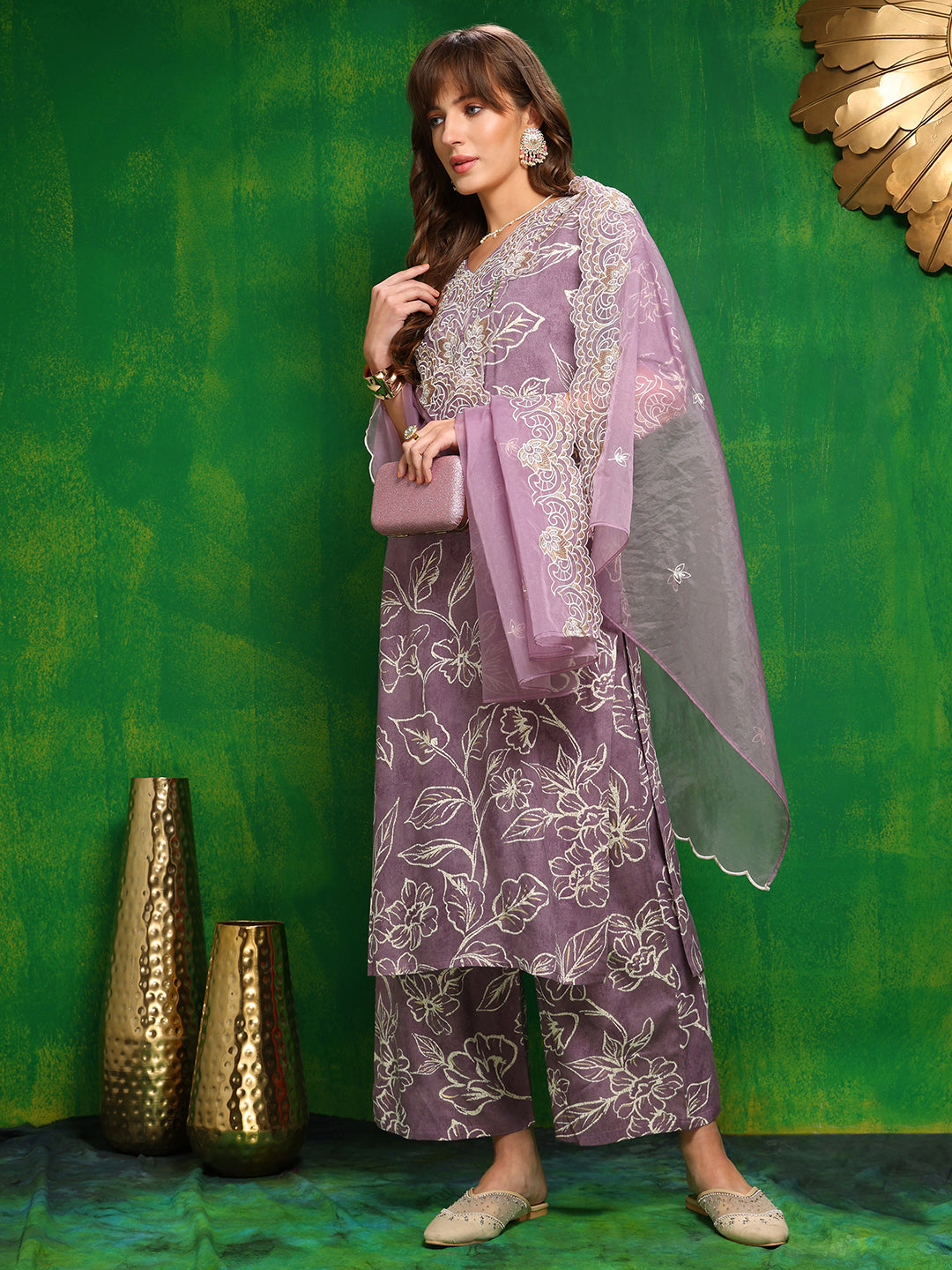 Lavender Embroidered & Floral Print Kurta Set with Palazzo