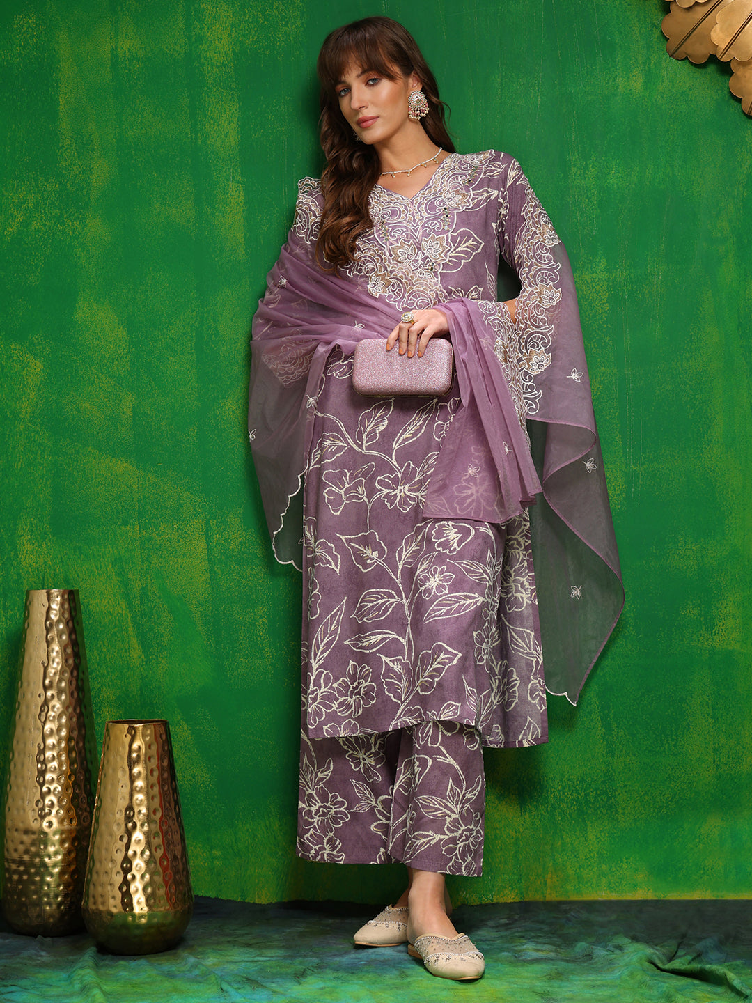 Lavender Embroidered & Floral Print Kurta Set with Palazzo