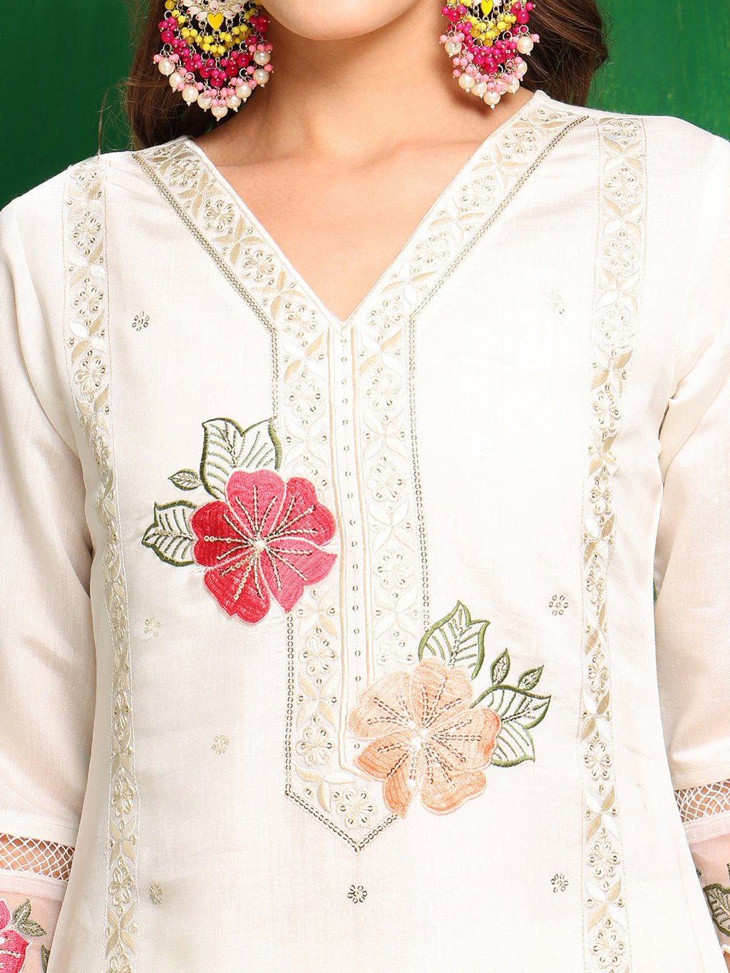 White Chanderi Kurta Set with Sequins and Thread Embroidery