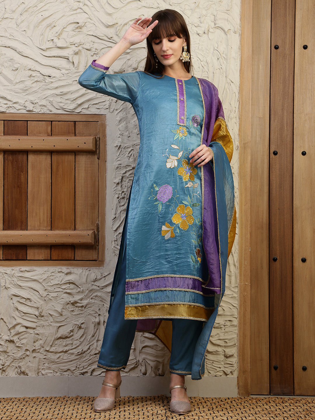 Blue hand embroidered silk-blend kurta with pants and dual toned dupatta
