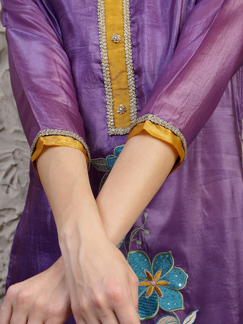 Purple Silk-Blend Kurta Set with Hand Embroidery & Dual Toned Dupatta