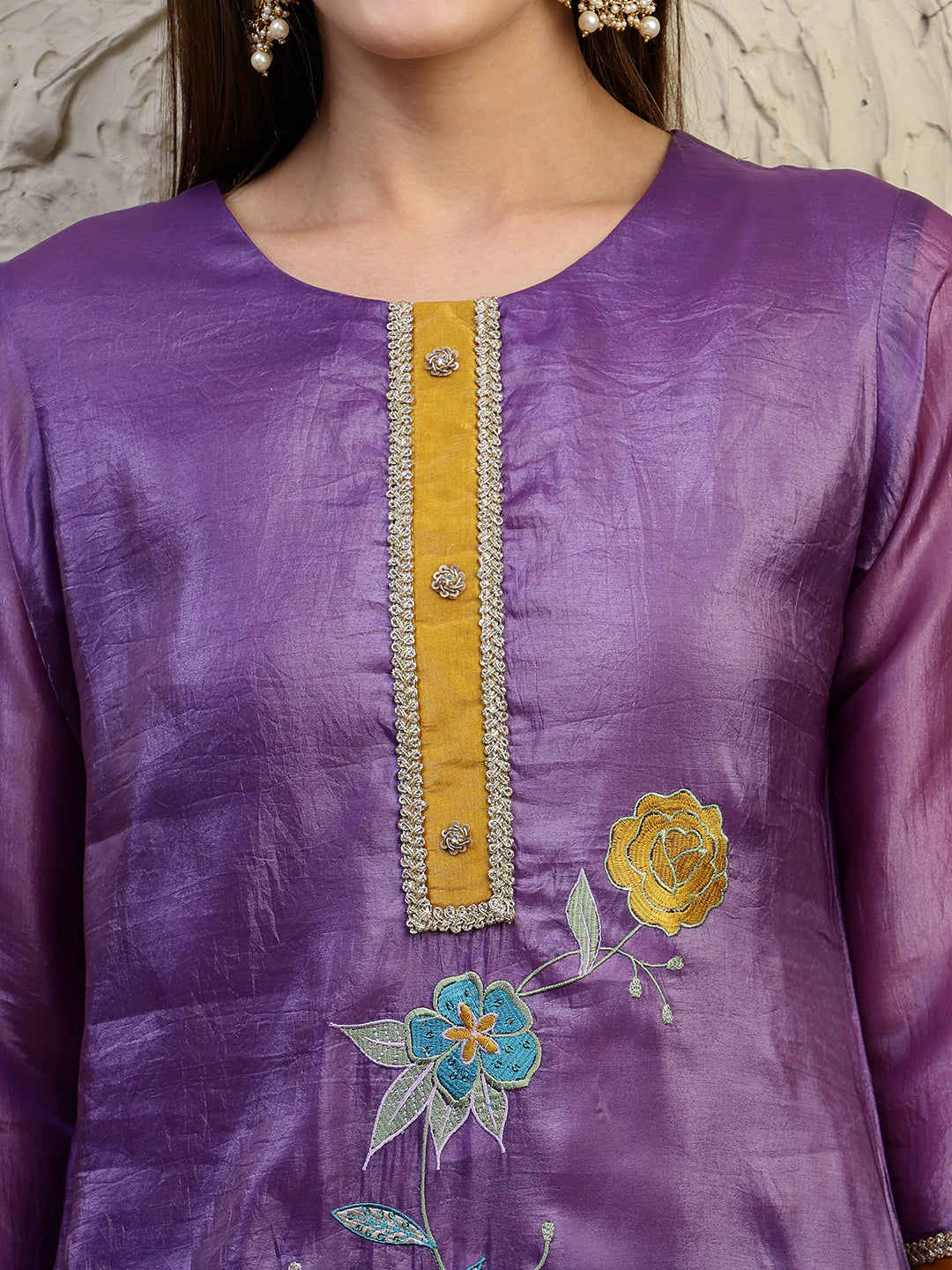 Purple Silk-Blend Kurta Set with Hand Embroidery & Dual Toned Dupatta
