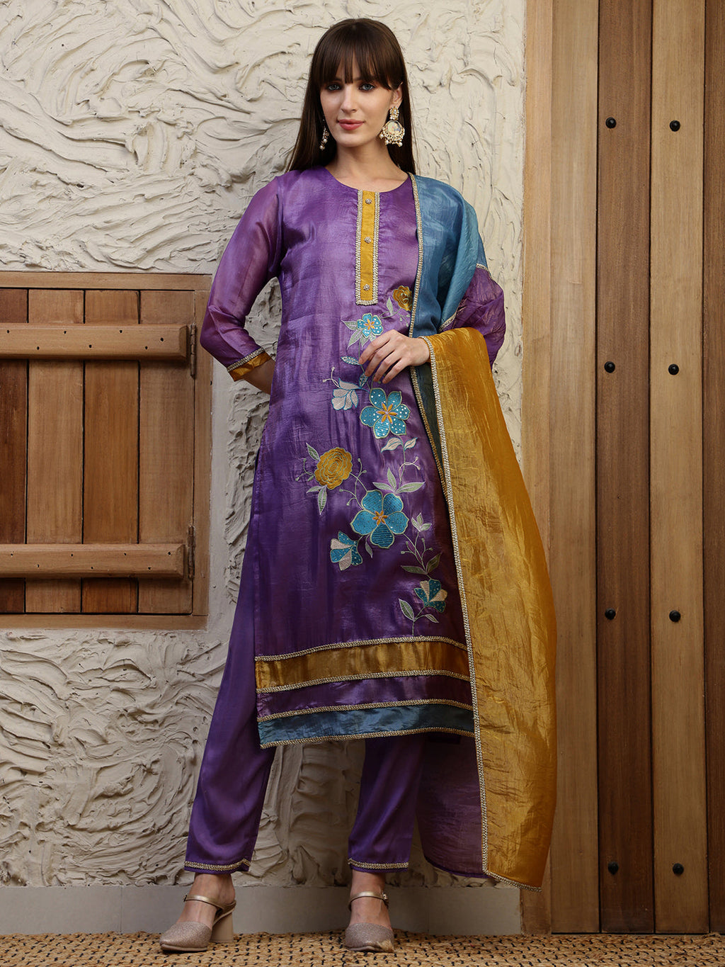 Purple Silk-Blend Kurta Set with Hand Embroidery & Dual Toned Dupatta