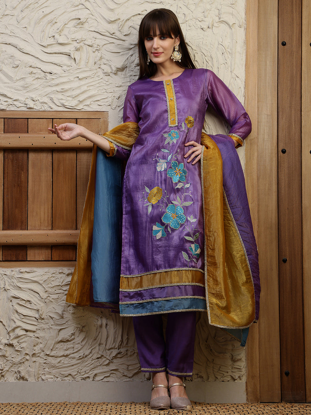 Purple Silk-Blend Kurta Set with Hand Embroidery & Dual Toned Dupatta