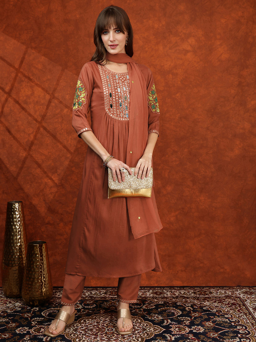 Rust Chinnon Mirror Embroidered Kurta Set with Embroidered Dupatta