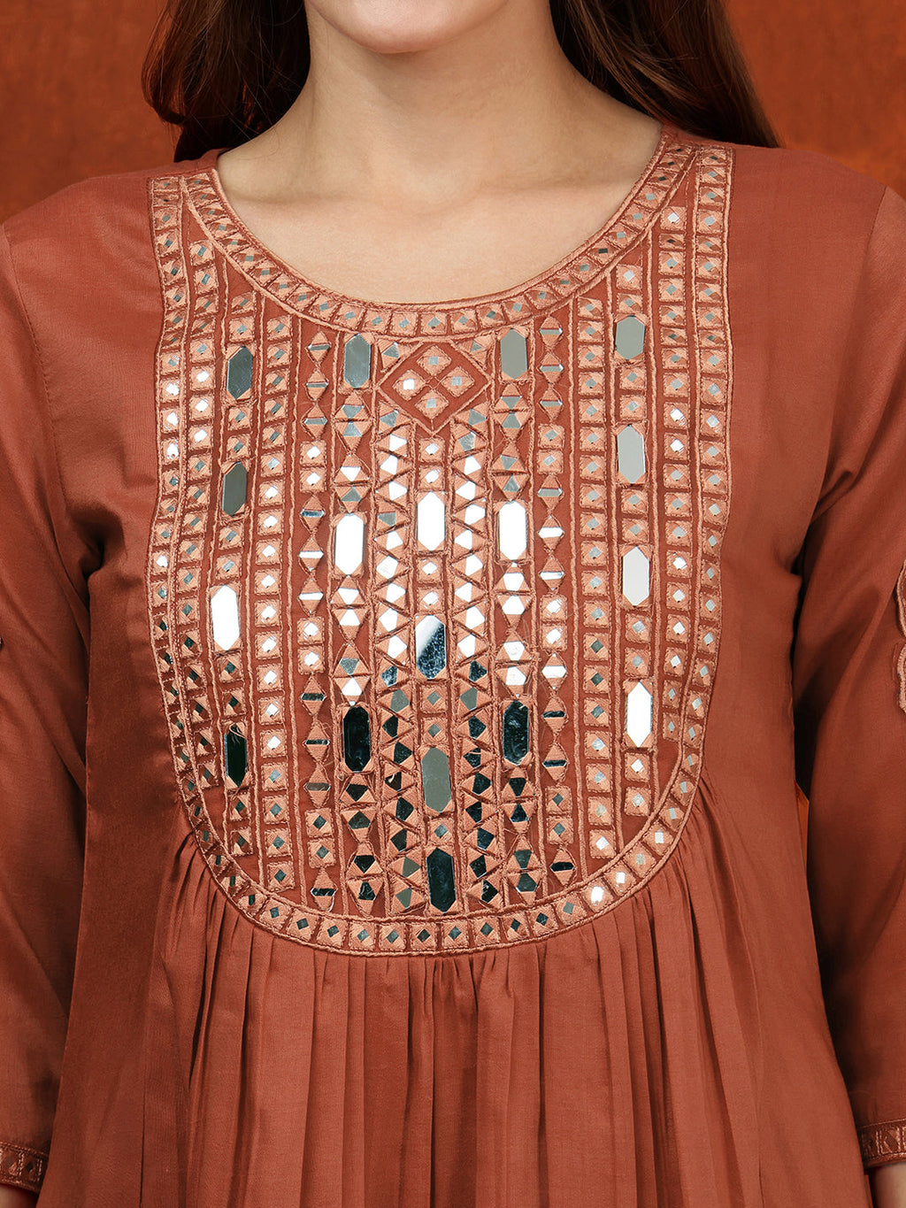 Rust Chinnon Mirror Embroidered Kurta Set with Embroidered Dupatta
