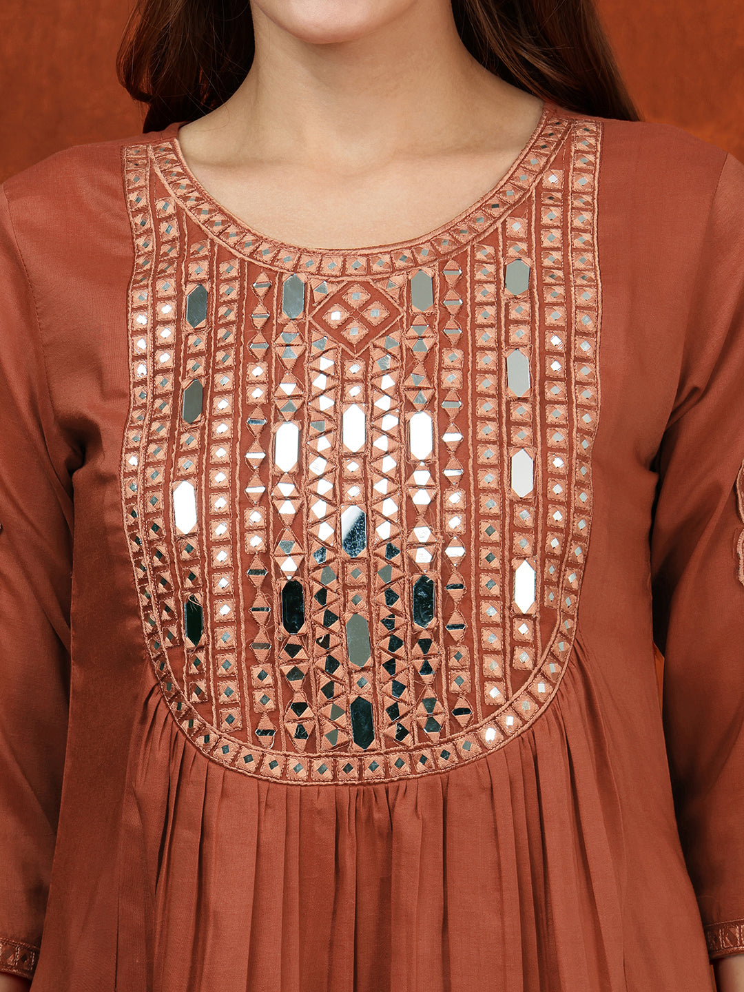 Rust Chinnon Mirror Embroidered Kurta Set with Embroidered Dupatta
