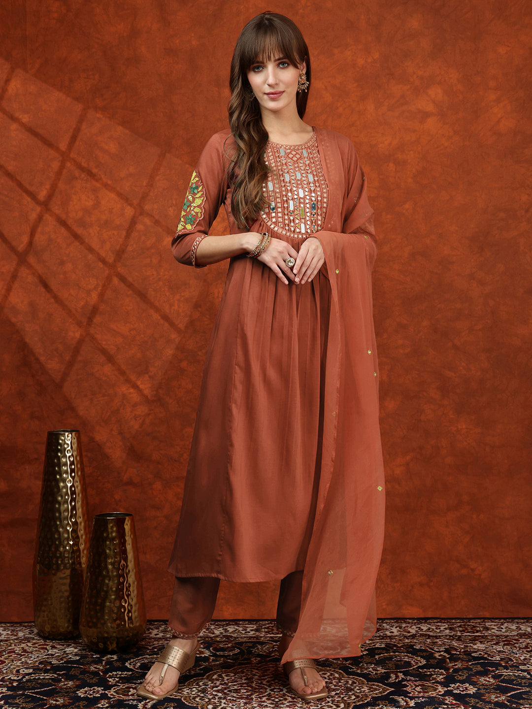 Rust Chinnon fabric kurta with mirror embroidery and matching dupatta