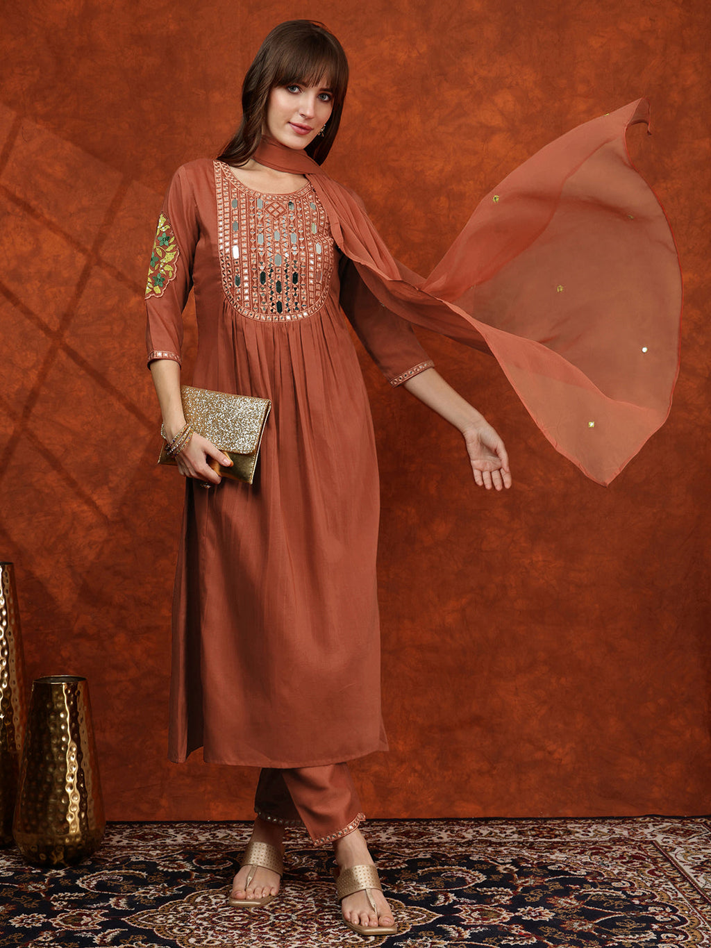 Rust Chinnon Mirror Embroidered Kurta Set with Embroidered Dupatta