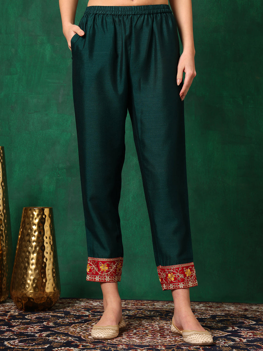 Bottle-Green Embroidered Silk-Blend Kurta Pant Dupatta Set