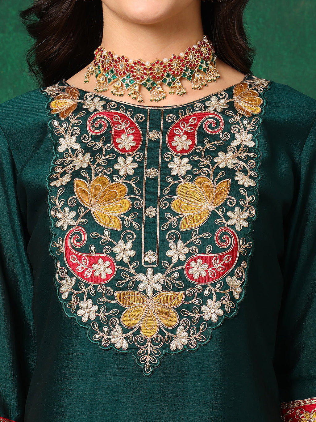 Bottle-Green Embroidered Silk-Blend Kurta Pant Dupatta Set