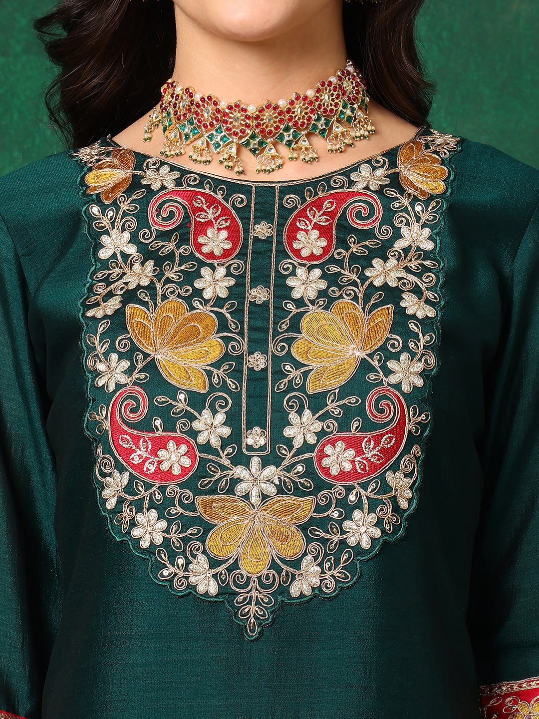 Bottle-Green Embroidered Silk-Blend Kurta Pant Dupatta Set