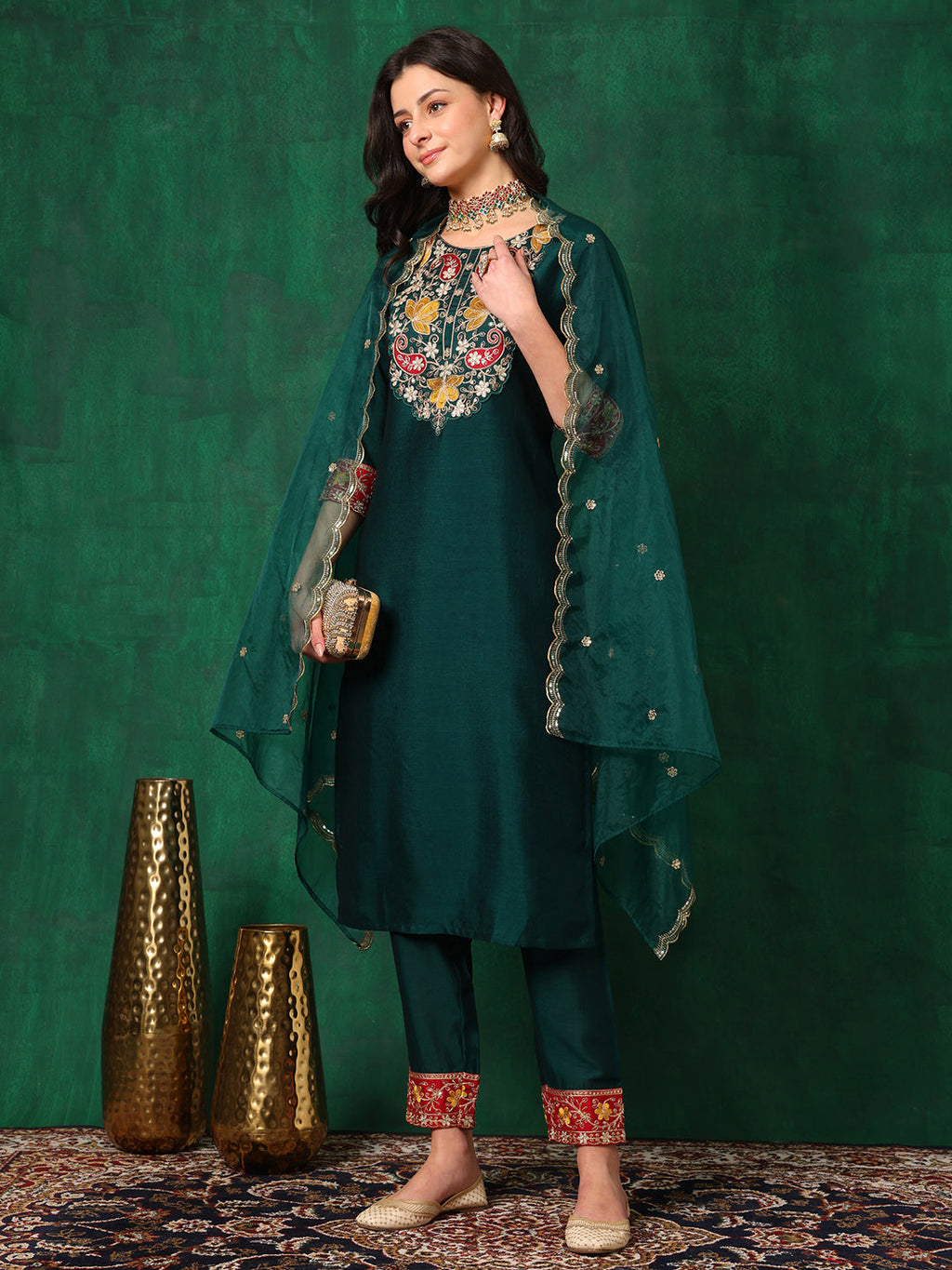 Bottle-Green Embroidered Silk-Blend Kurta Pant Dupatta Set