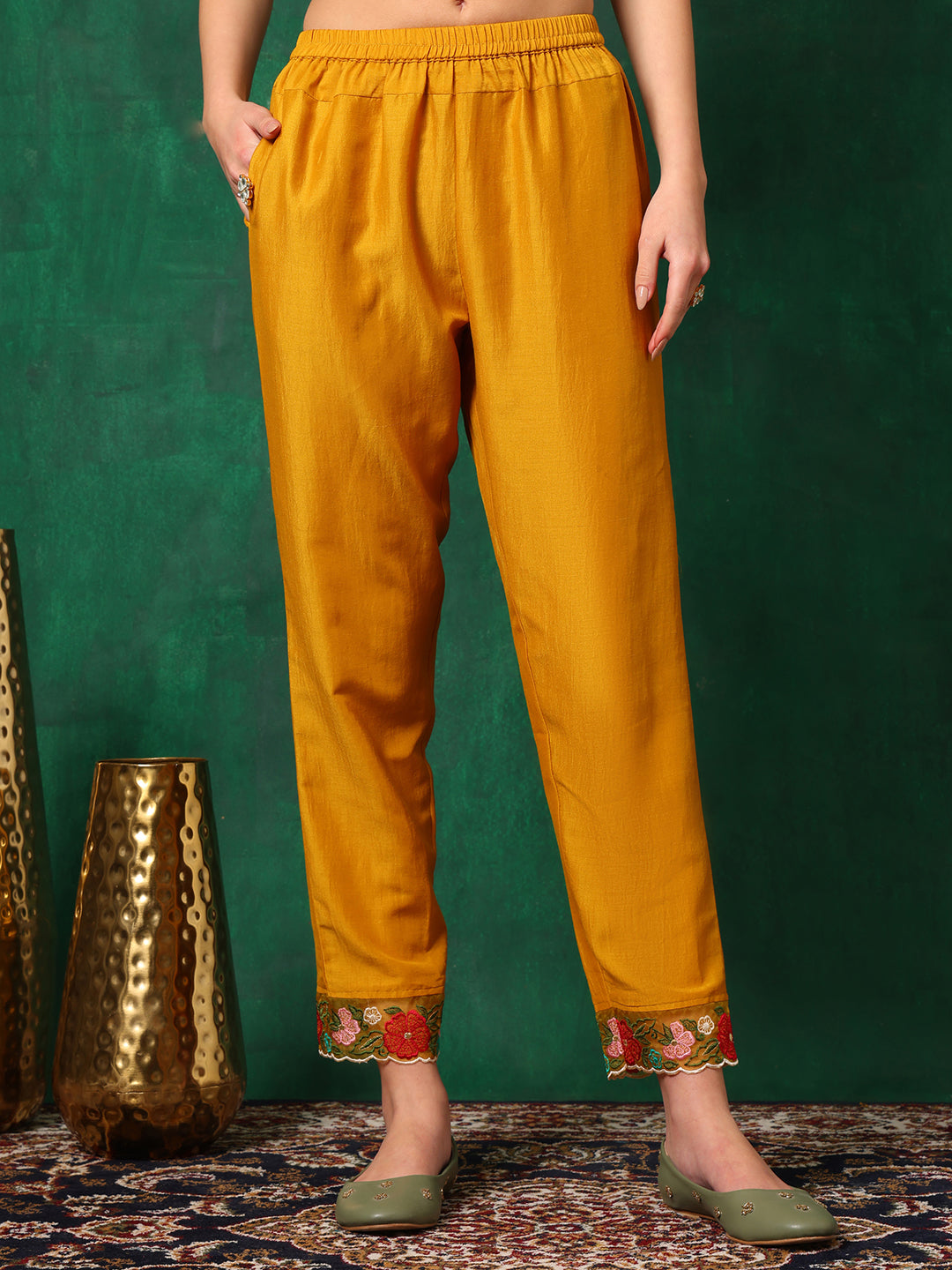 Mustard A-Line Embroidered Kurta Set with Pant and Dupatta