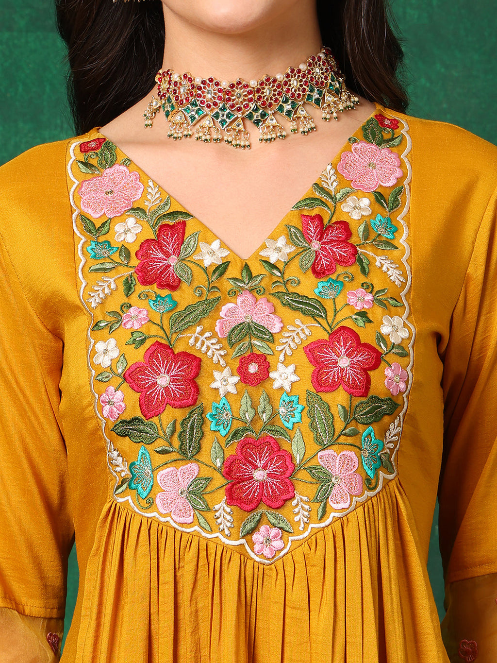Mustard A-Line Embroidered Kurta Set with Pant and Dupatta