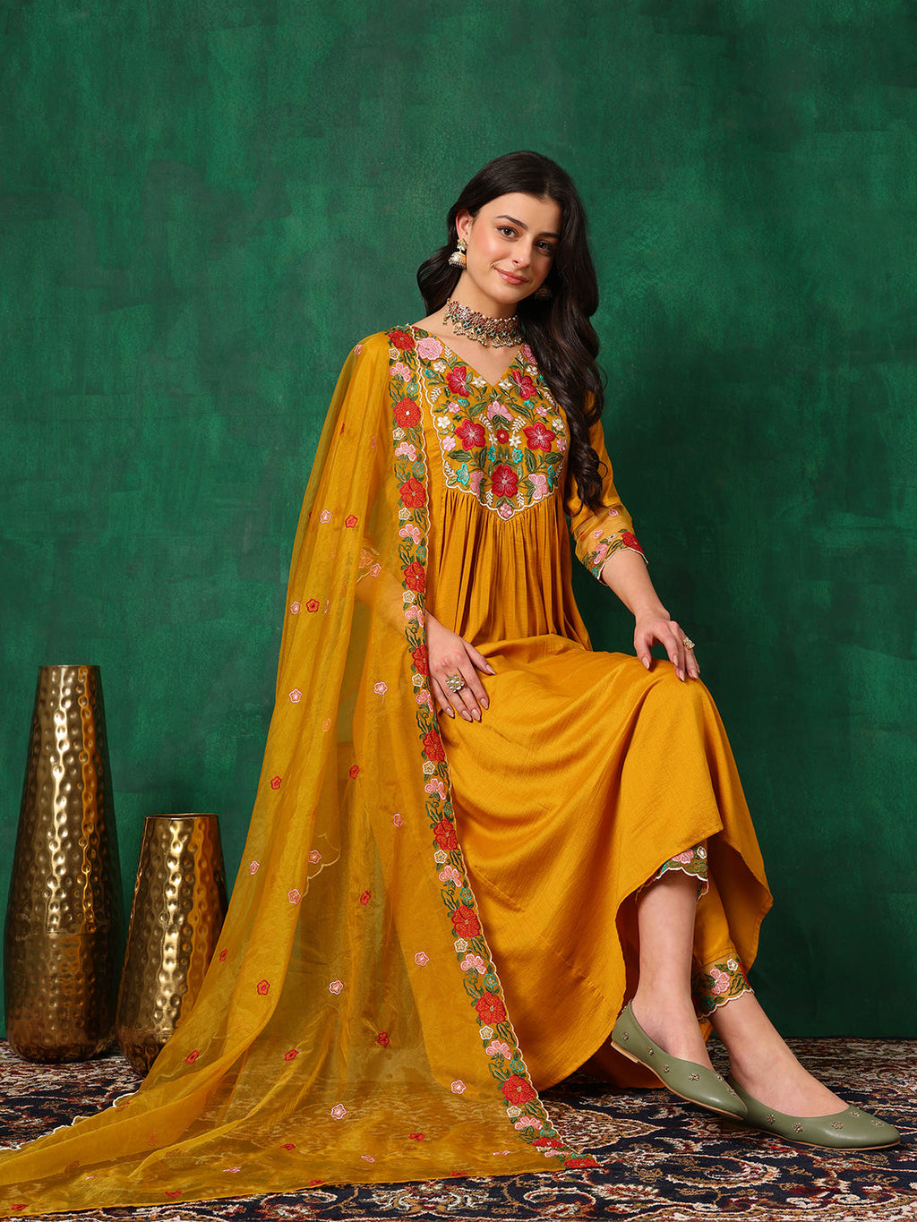 Mustard A-Line Embroidered Kurta Set with Pant and Dupatta