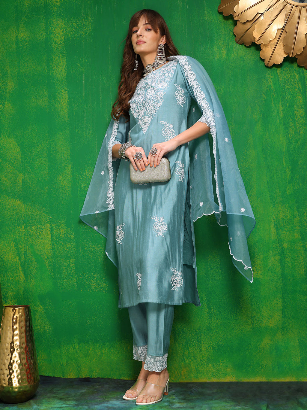 Aqua-Blue Embroidered Chanderi Kurta Set with Dupatta