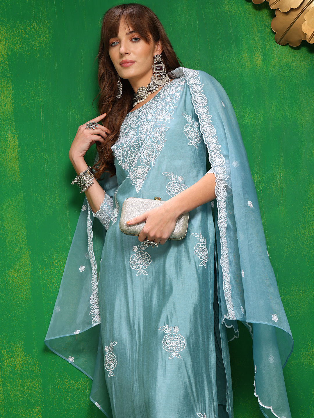 Aqua-Blue Embroidered Chanderi Kurta Set with Dupatta