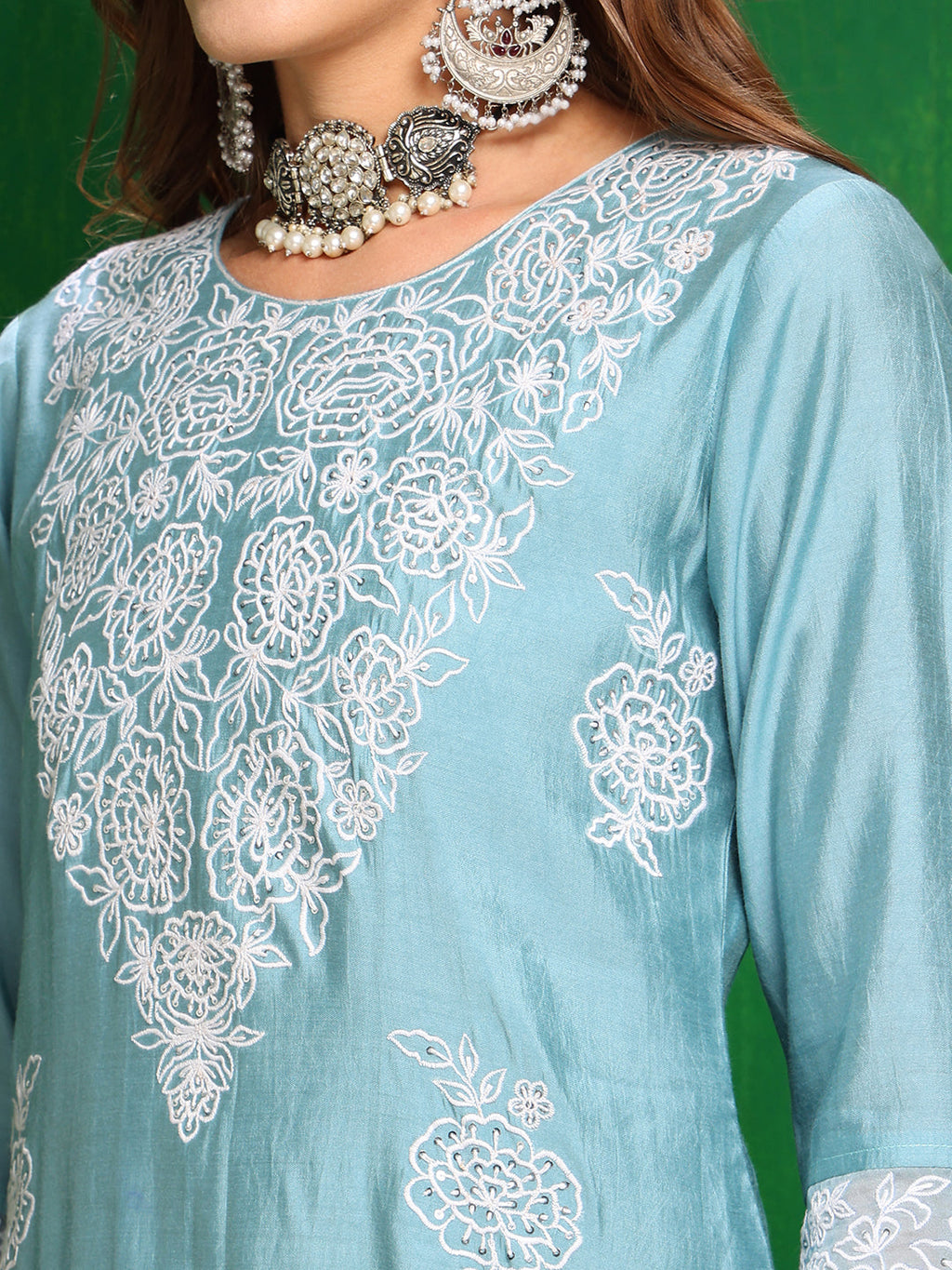 Aqua-Blue Embroidered Chanderi Kurta Set with Dupatta