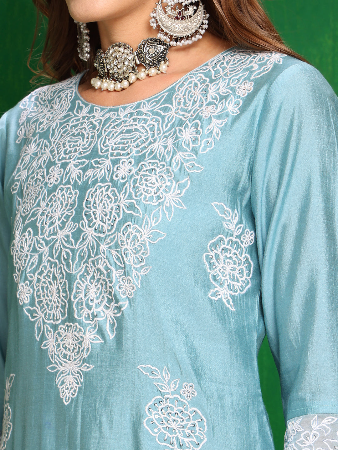 Aqua-Blue Embroidered Chanderi Kurta Set with Dupatta