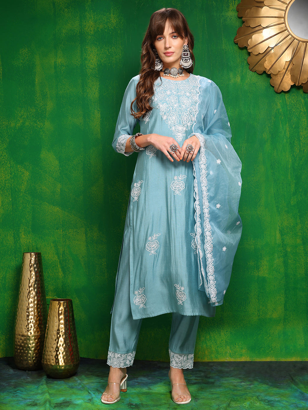 Aqua-blue embroidered chanderi kurta with 3/4th sleeves and dupatta