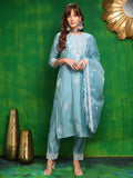 Aqua-blue embroidered chanderi kurta with 3/4th sleeves and dupatta