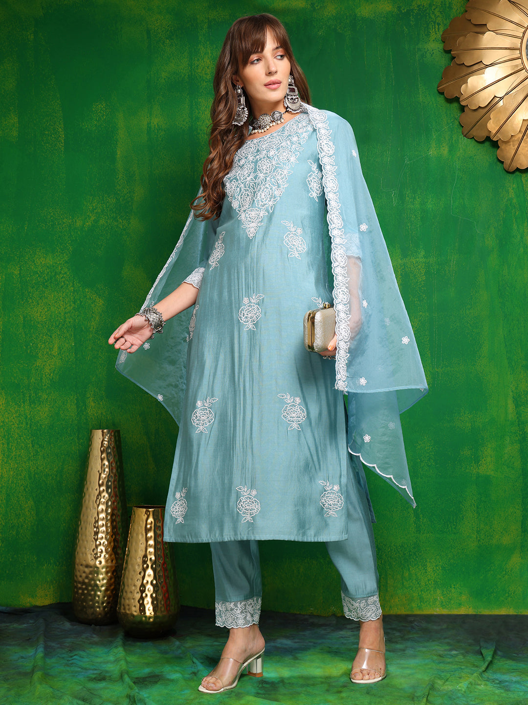 Aqua-Blue Embroidered Chanderi Kurta Set with Dupatta