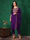 Purple Chanderi embroidered kurta set with matching pants and dupatta worn by a model