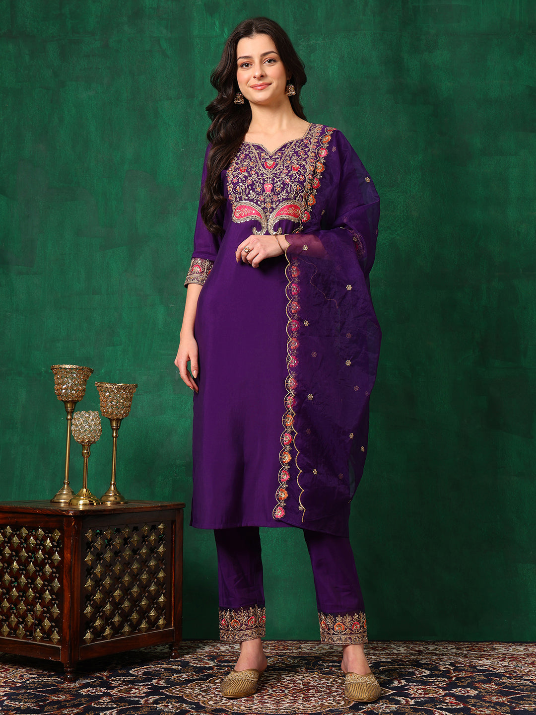 Purple Chanderi embroidered kurta set with matching pants and dupatta worn by a model