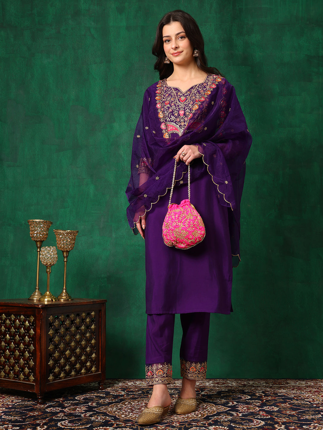 Purple Chanderi Embroidered Kurta Set with Dupatta