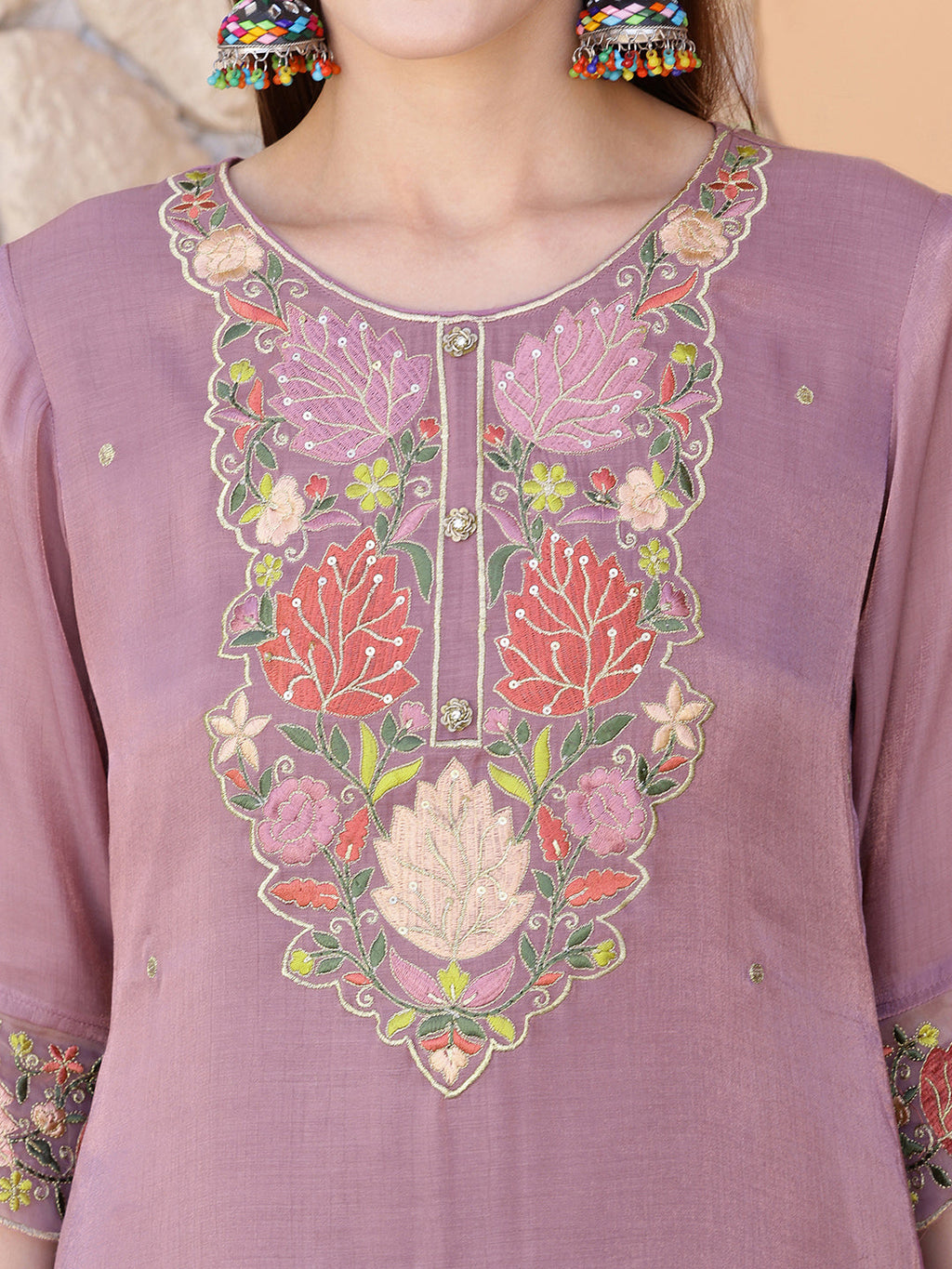 Purple Organza Embroidered Kurta Set with Matching Dupatta