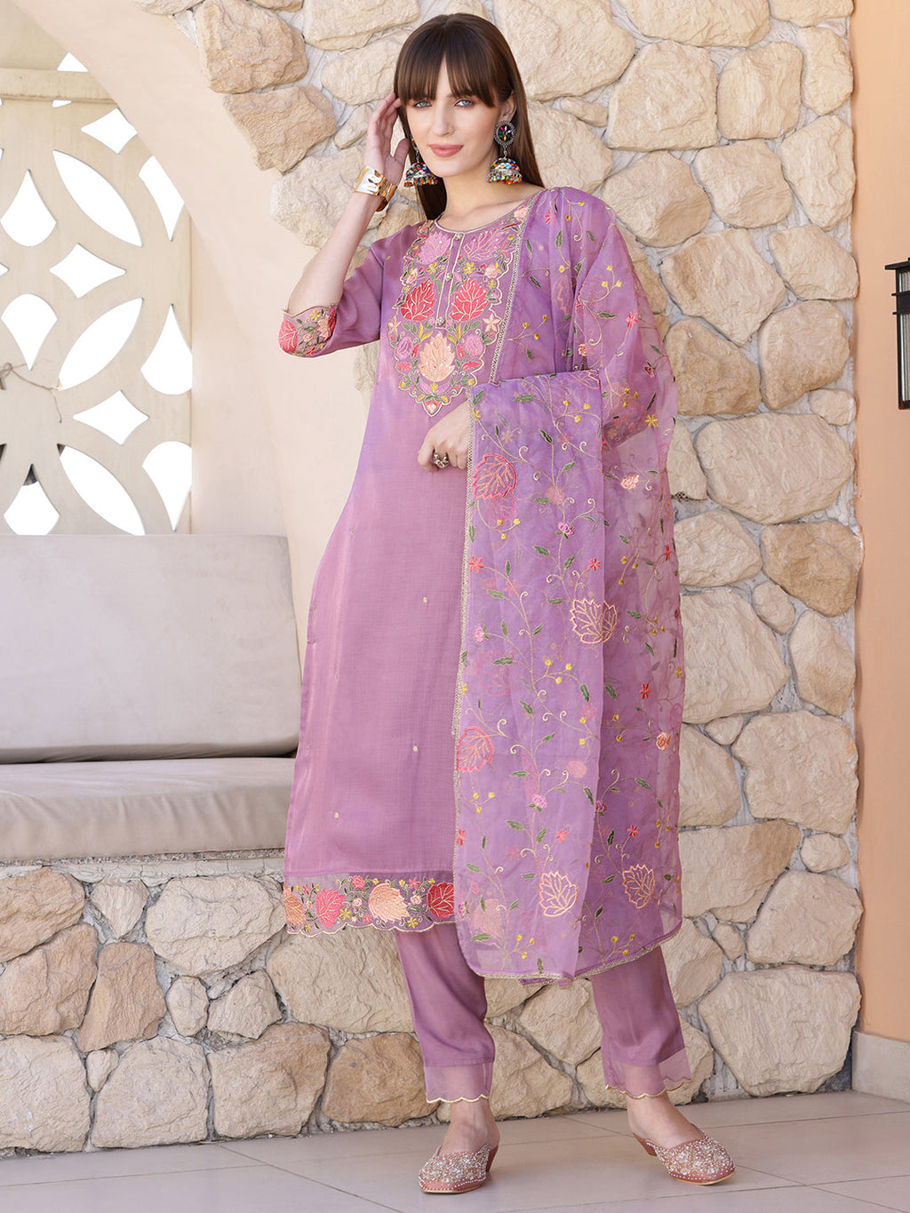Deep purple organza embroidered kurta with matching dupatta and pant set