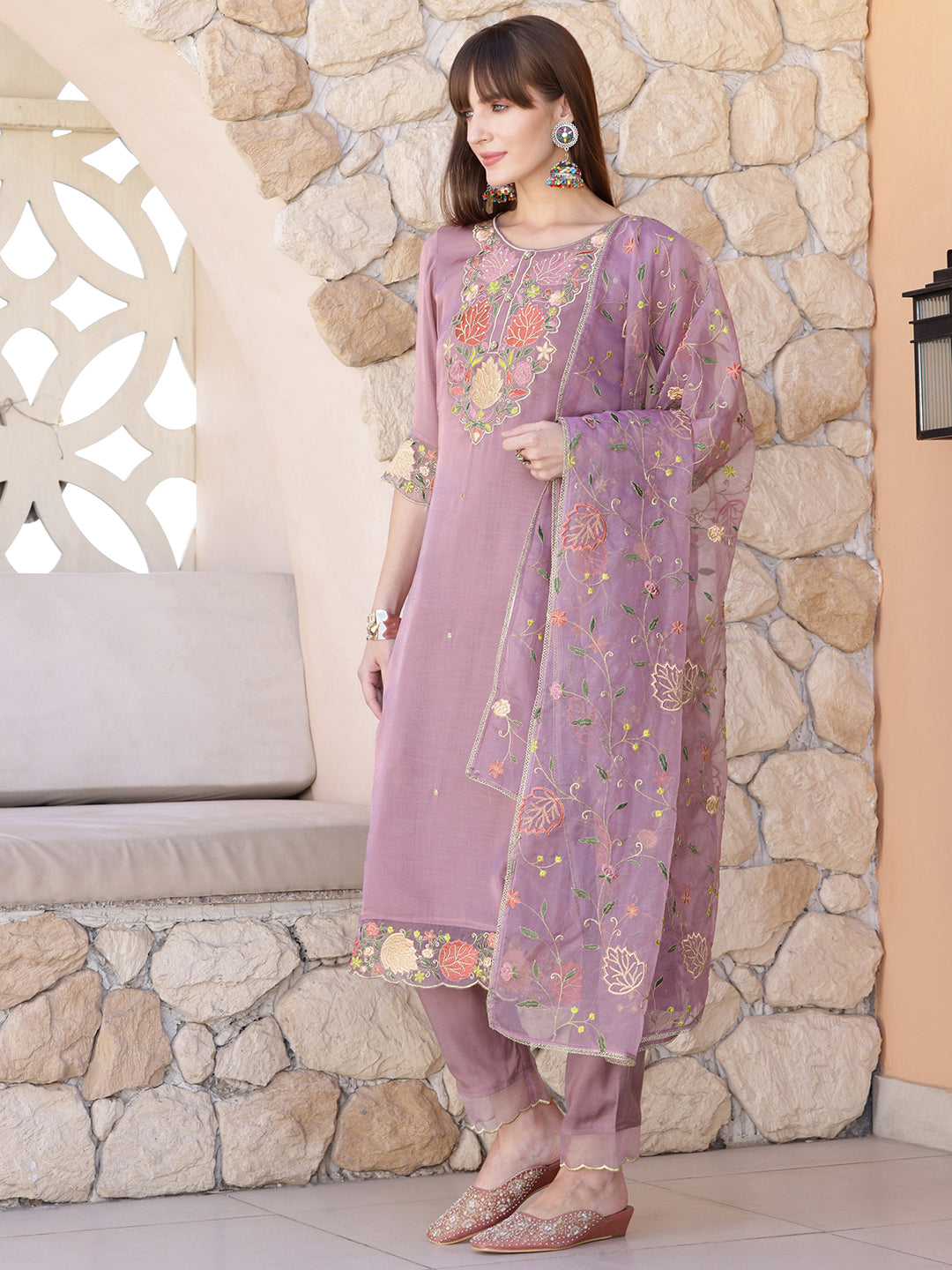 Purple Organza Embroidered Kurta Set with Matching Dupatta