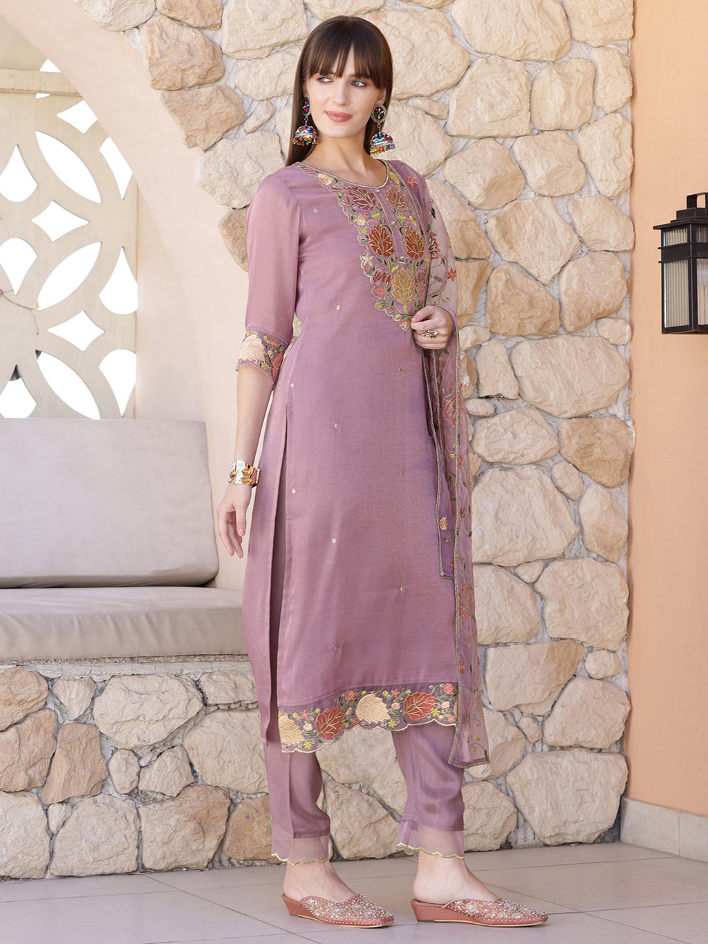 Purple Organza Embroidered Kurta Set with Matching Dupatta