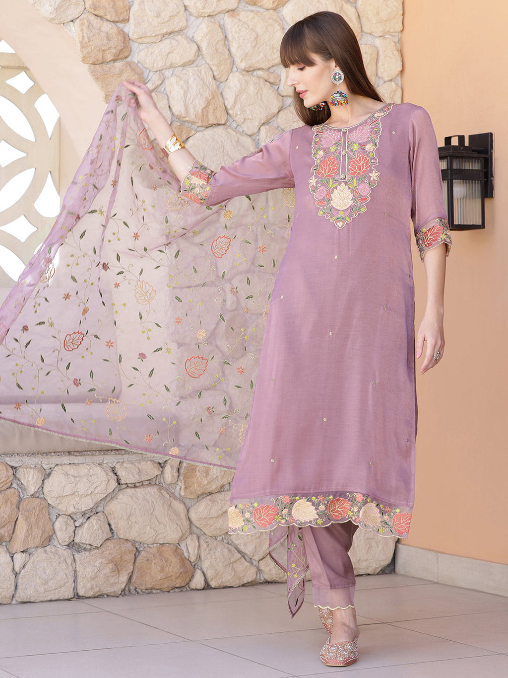 Purple Organza Embroidered Kurta Set with Matching Dupatta